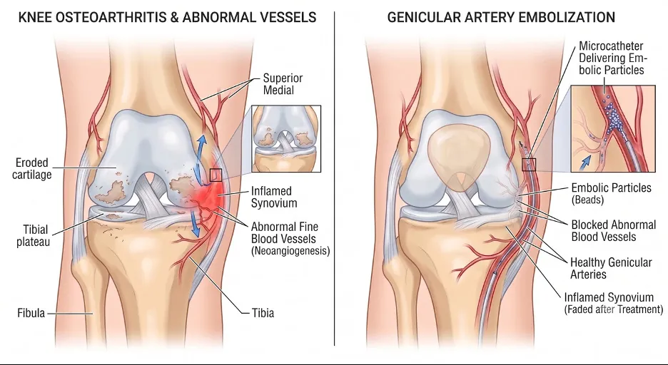 Two-panel diagram of the knee. Left: osteoarthritis with eroded cartilage, inflamed synovium and abnormal fine blood vessels. Right: genicular artery embolization, with a microcatheter delivering embolic particles that block the abnormal vessels while the healthy genicular arteries are preserved