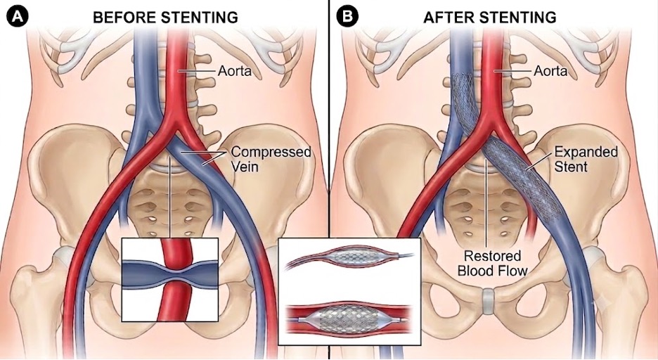 Illustration comparing the left iliac vein before and after stenting: compressed and flattened by the right iliac artery on the left, held open by an expanded stent with restored blood flow on the right